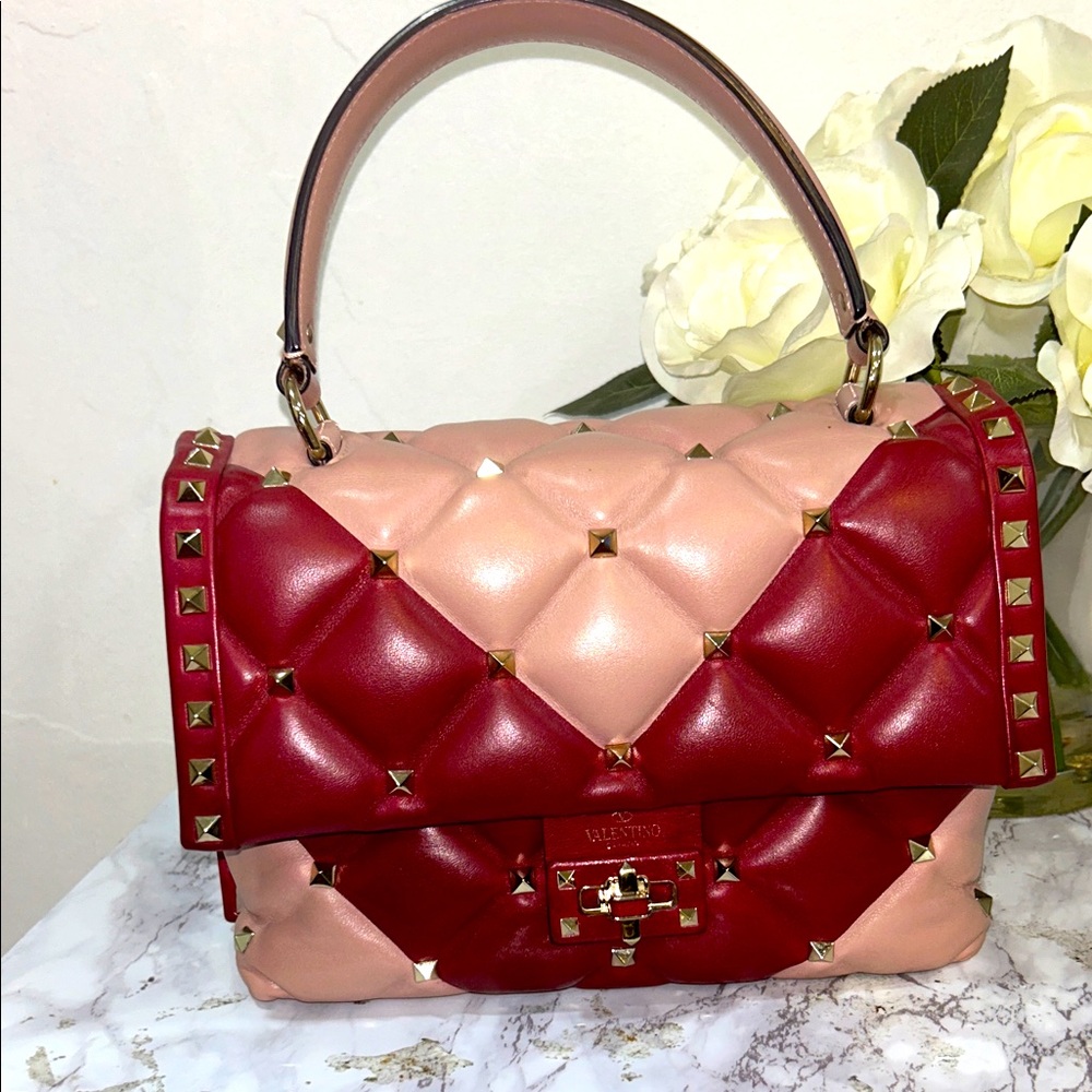 Valentino Garavani Red and Pink Quilted Studded Bag